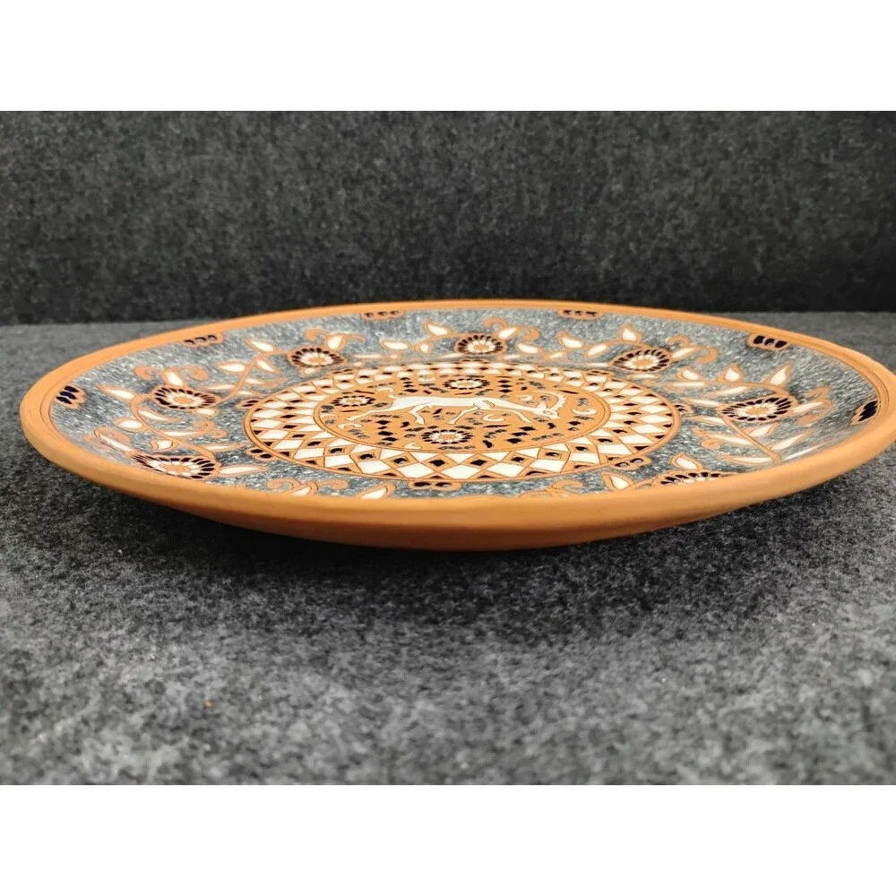 Vintage Bonis Pottery Terracotta Decorative Enamel Plate Hand Made Greece 10